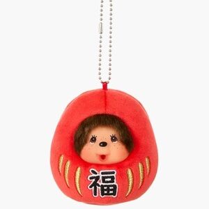 Red 4 inch Monchhichi Daruma Plush Keychain Japan